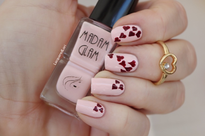Blushing pink "In Love" with accent hearts using Madam Glam "More Wine Please". Just in time for V day!