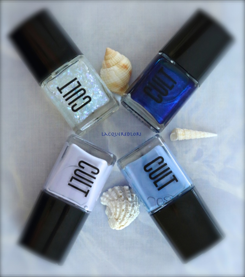 The Cult Cosmetics polishes I used for this fun maritime mani are, from top left: Hollywood Hills, House of Blues, Catalina and The Roxy.