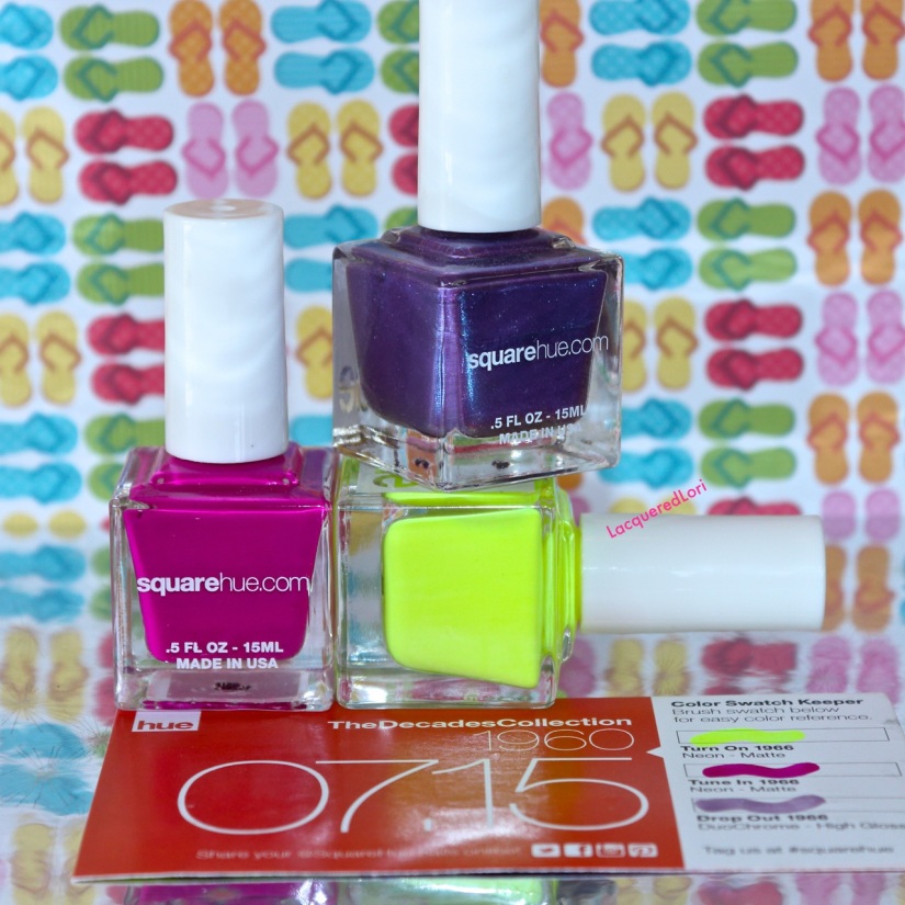 This month's The Decades Collection box featuring the 1960s is far out! The in-your-face fuscia Tune In is a satiny fuscia neon. It dries matte but looks amazing alone or with topcoat. Same with the highlighter neon Turn On. It's a brilliant 2-coater matte, and no white undies required. The purple/blue duochrome with brilliant blue flash shimmer makes this set complete, and oh, so glossy!