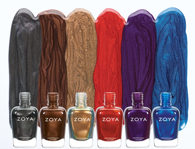 Flair polishes are metallics and shown here, from left: Tris, Cinnamon, Aggie, Ember, Giada and Estelle.