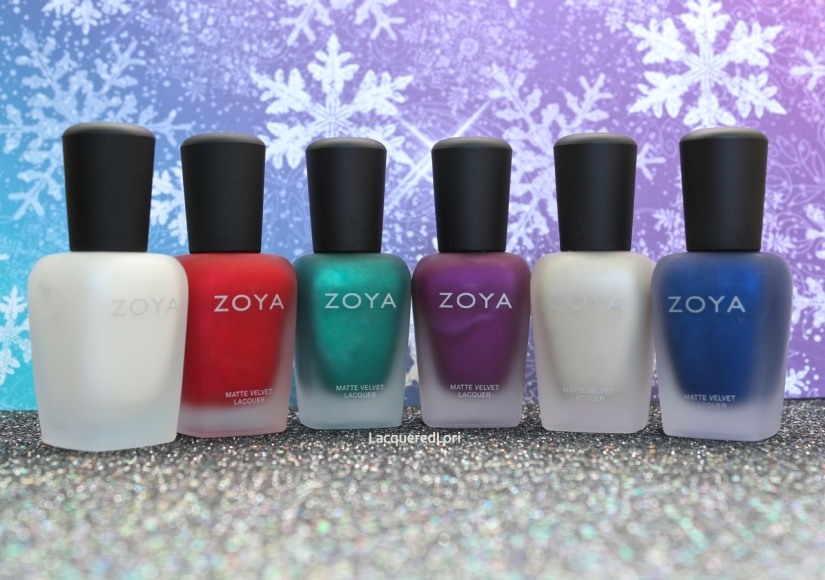 The Zoya MatteVelvet nail colors to slip into this Winter/Holiday season. From left: Aspen, Amal, Honor, Iris, Sue and Yves.