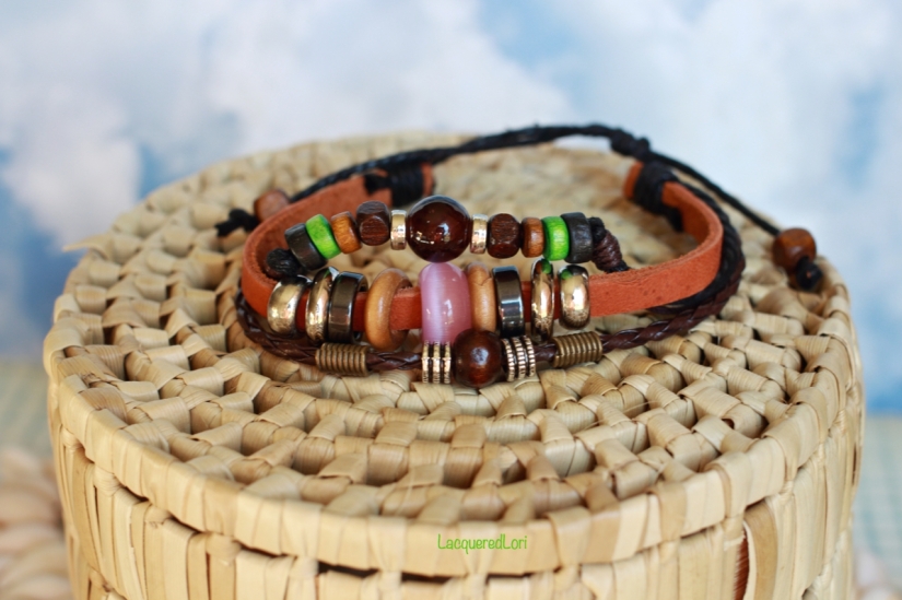 There are a number of different leather beaded bracelets to choose from. This is the Pink Bead bracelet. Each bracelet sells for just $4.94 ea.