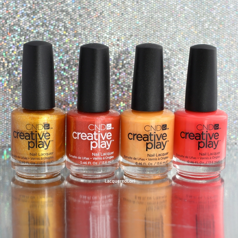 I love that they sent me these four fabulous Fall shades from CND Creative Play™ so I could feature them together! From left: Gilty or Innocent, See U in Sienna, Apricot in the Act and Mango About Town.