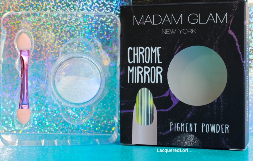 Venus is one of 7 of the newest Chrome Mirror pigment powders by Madam Glam. I LOVE the packaging don't you? Each pot is a generous 5 grams and comes with instructions and a nice pink metallic applicator. Venus is described as, "...light blue" and suggested to go over a black gel polish cured with a no wipe top coat, but you may also use it over regular polish with a water based top coat over and under the powder!